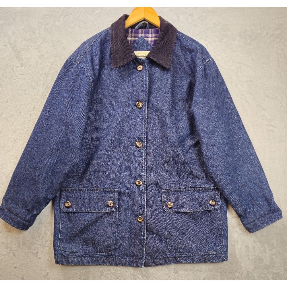 St. John's Bay Vintage Denim Barn Jacket Large Plaid Flannel Lined 90's